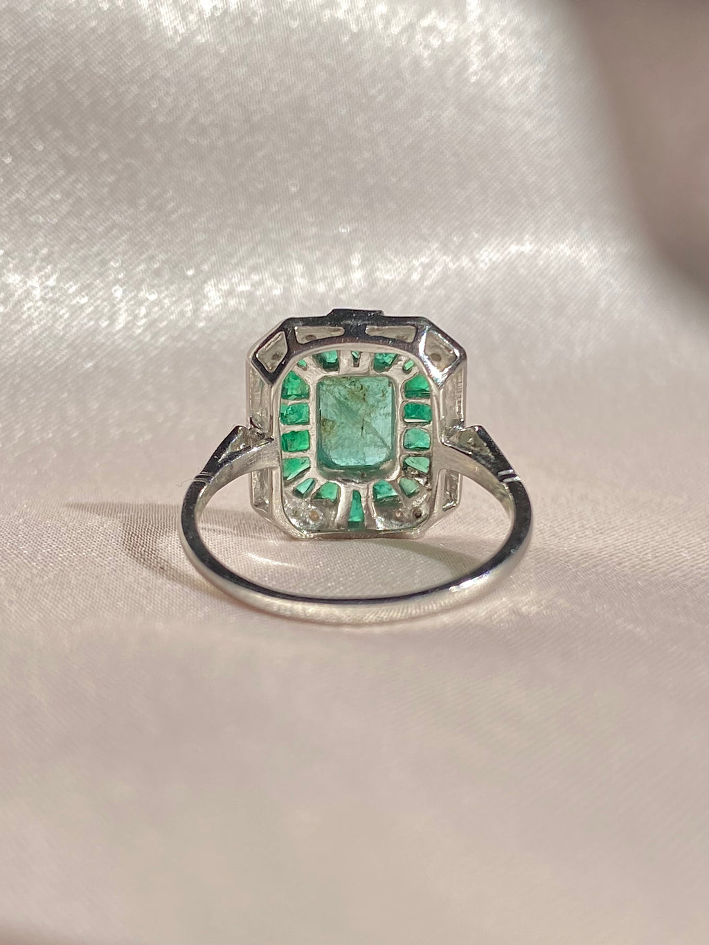 Platinum Emerald Rose Cut Diamond Ring