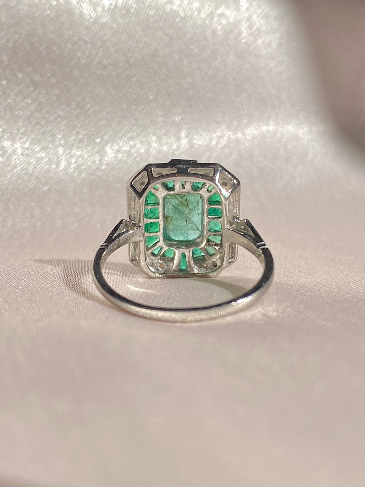 Platinum Emerald Rose Cut Diamond Ring