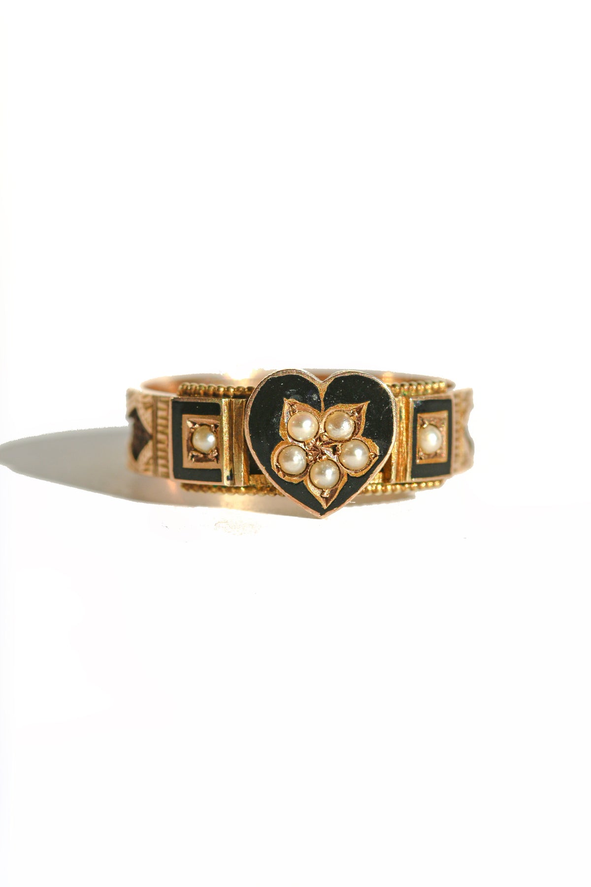 Antique 9k Pearl Enamel Heart Ring 1896