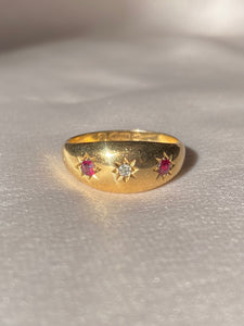 Antique 18k Ruby Diamond Gypsy Starburst Trilogy Ring 1916