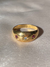 Load image into Gallery viewer, Antique 18k Ruby Diamond Gypsy Starburst Trilogy Ring 1916
