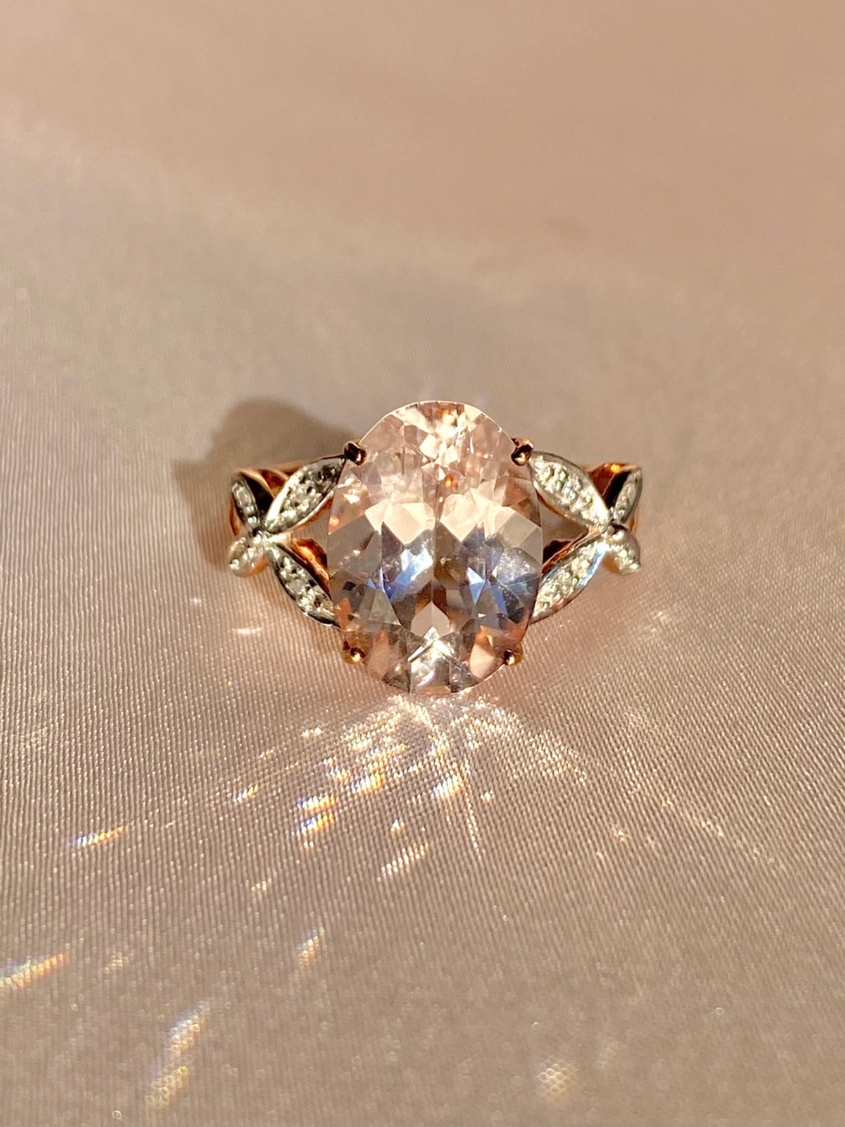 Vintage 9k Morganite Diamond Butterfly Ring