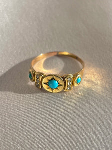 Antique 15k Turquoise Diamond Starburst Panel Ring 1891