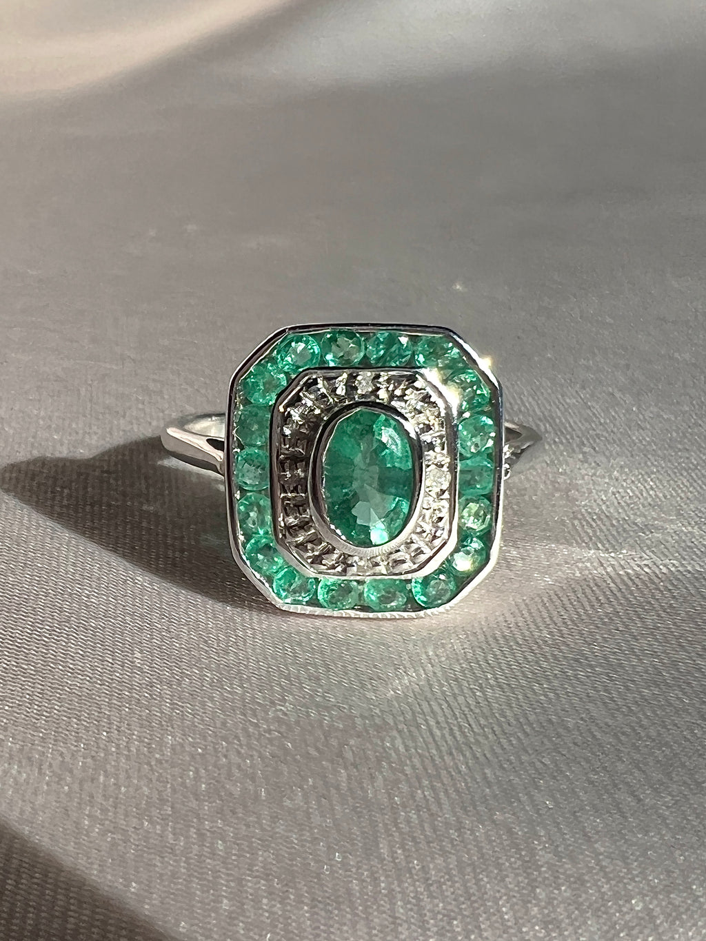Emerald Diamond White Gold Target Deco Ring