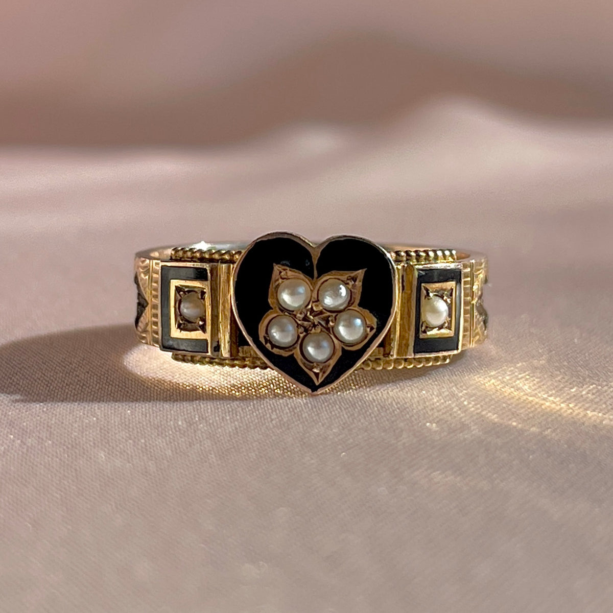 Antique 9k Pearl Enamel Heart Ring 1896