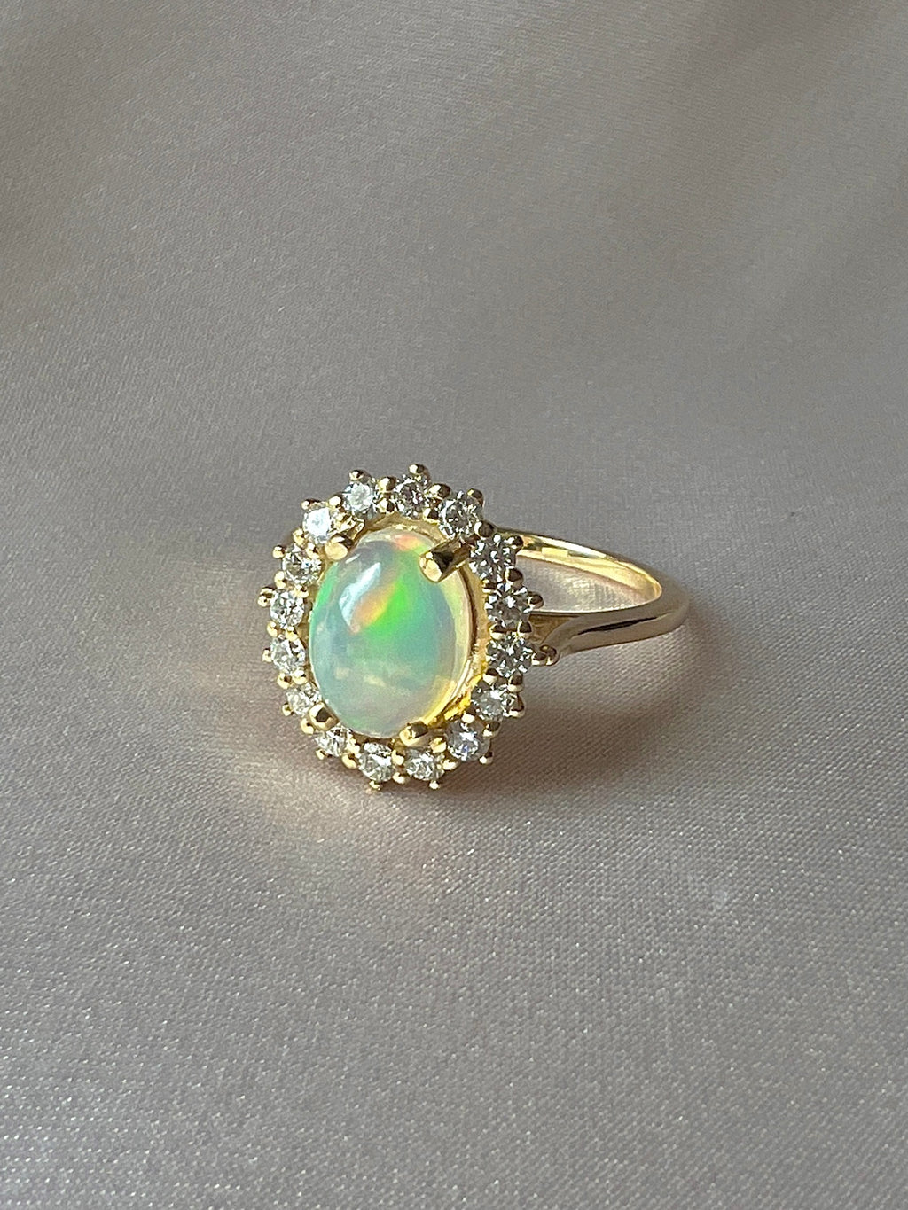 14k Opal Cabochon Diamond Halo Cluster Ring