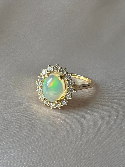 14k Opal Cabochon Diamond Halo Cluster Ring