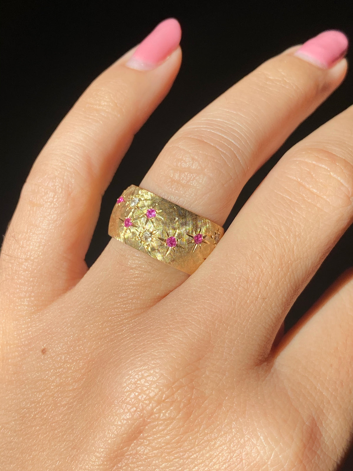 Vintage 14k Ruby Diamond Starburst Eternity Cigar Band