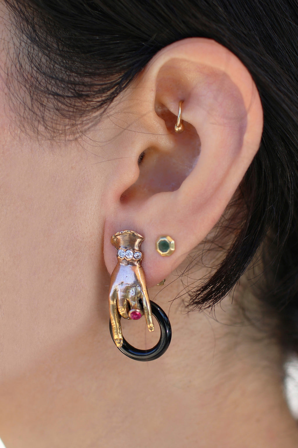 Vintage 10k Diamond Ruby Onyx Mano Earrings
