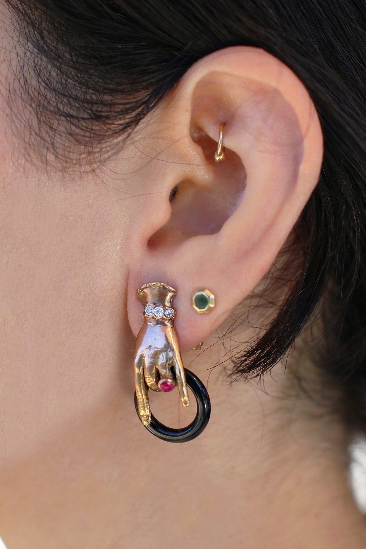 Vintage 10k Diamond Ruby Onyx Mano Earrings