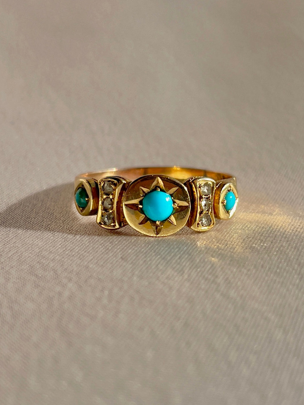 Antique 15k Turquoise Diamond Starburst Panel Ring 1891