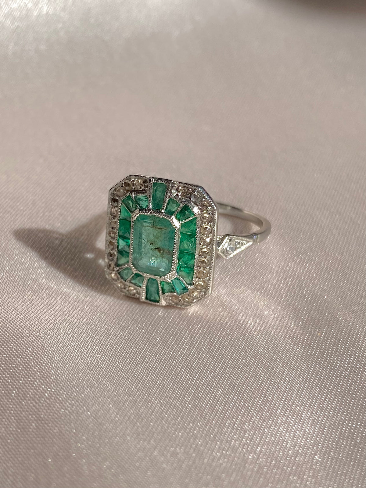 Platinum Emerald Rose Cut Diamond Ring
