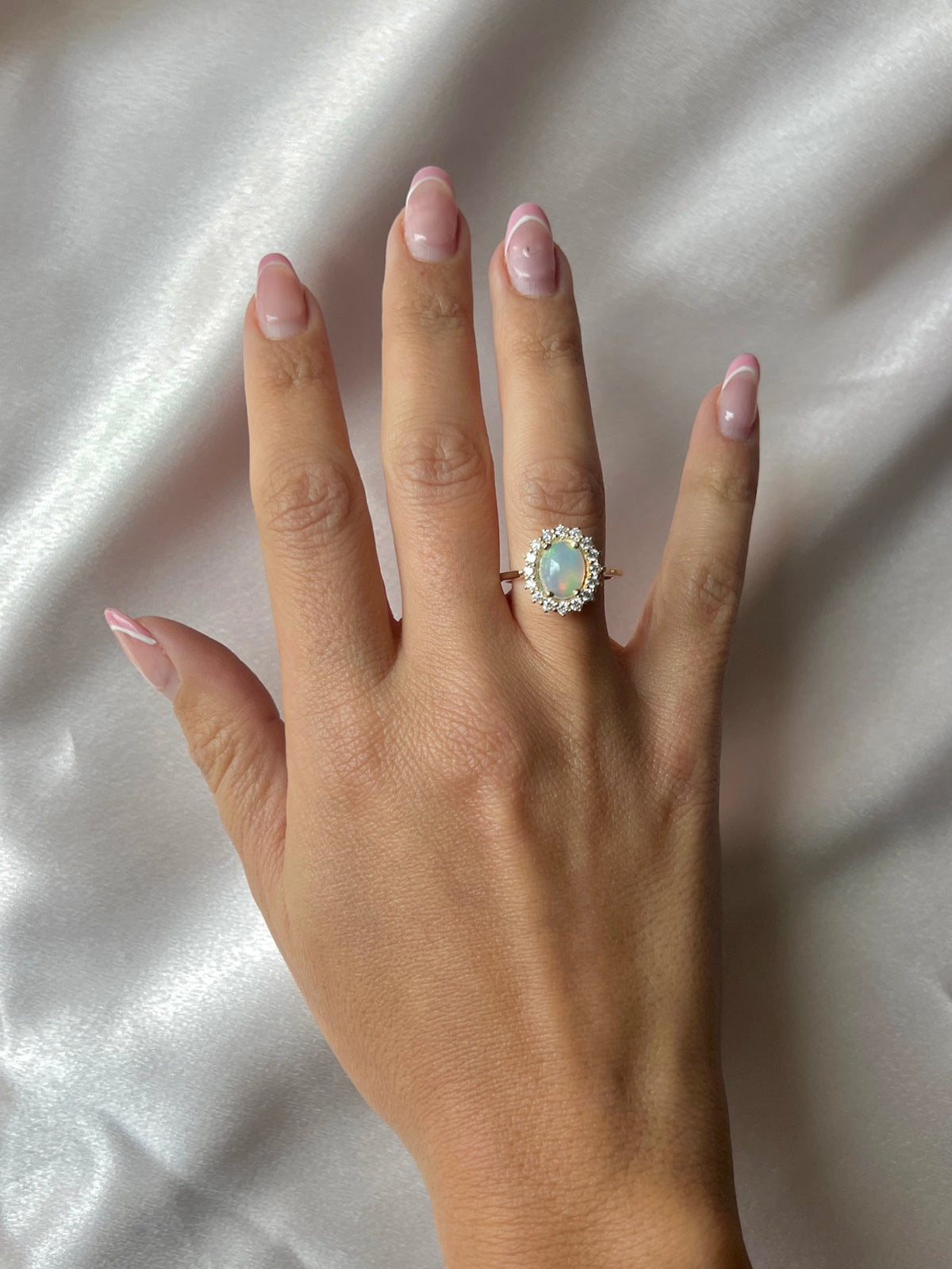 14k Opal Cabochon Diamond Halo Cluster Ring