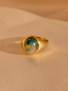 Vintage 9k Moss Agate Cabochon Signet Ring