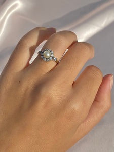Antique 18k Deco Diamond Pearl Cluster Engagement Ring