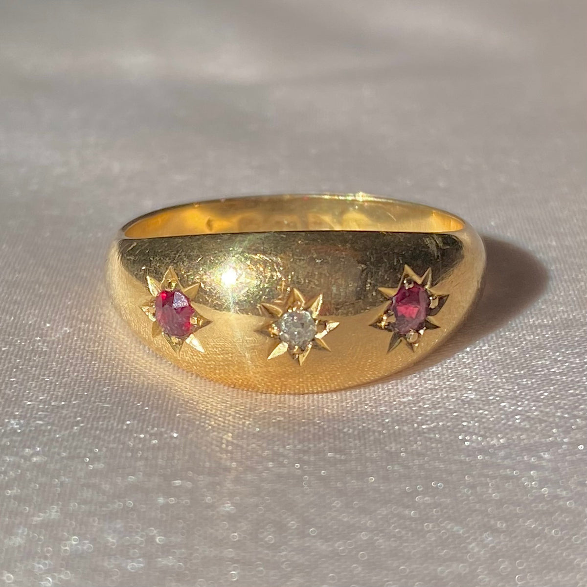 Antique 18k Ruby Diamond Gypsy Starburst Trilogy Ring 1916