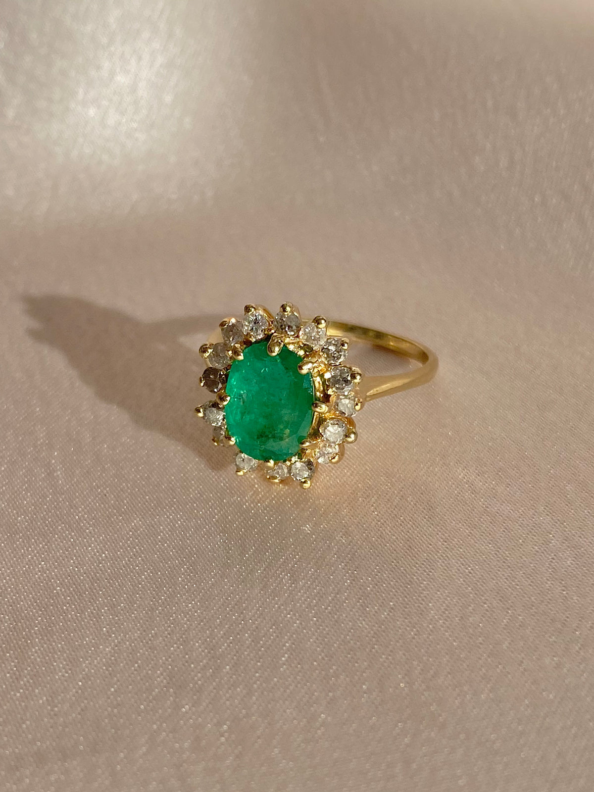 Vintage 14k Colombian Emerald Diamond Halo Ring