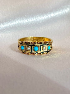 Antique 15k Turquoise Pearl Enamel Ring 1890
