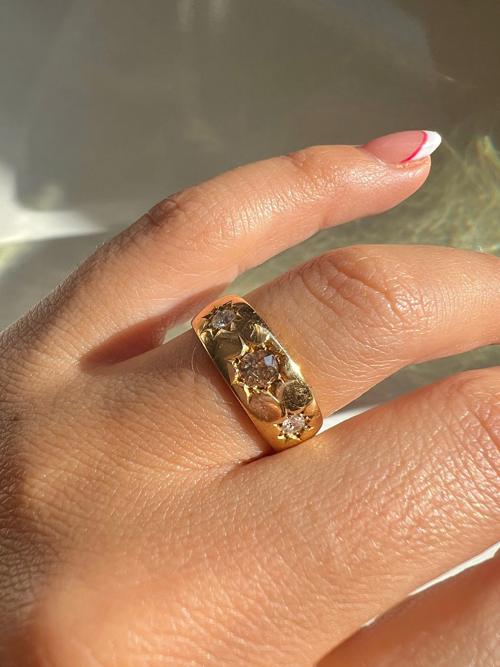 Antique 18k Diamond Starburst Champagne Trilogy Ring