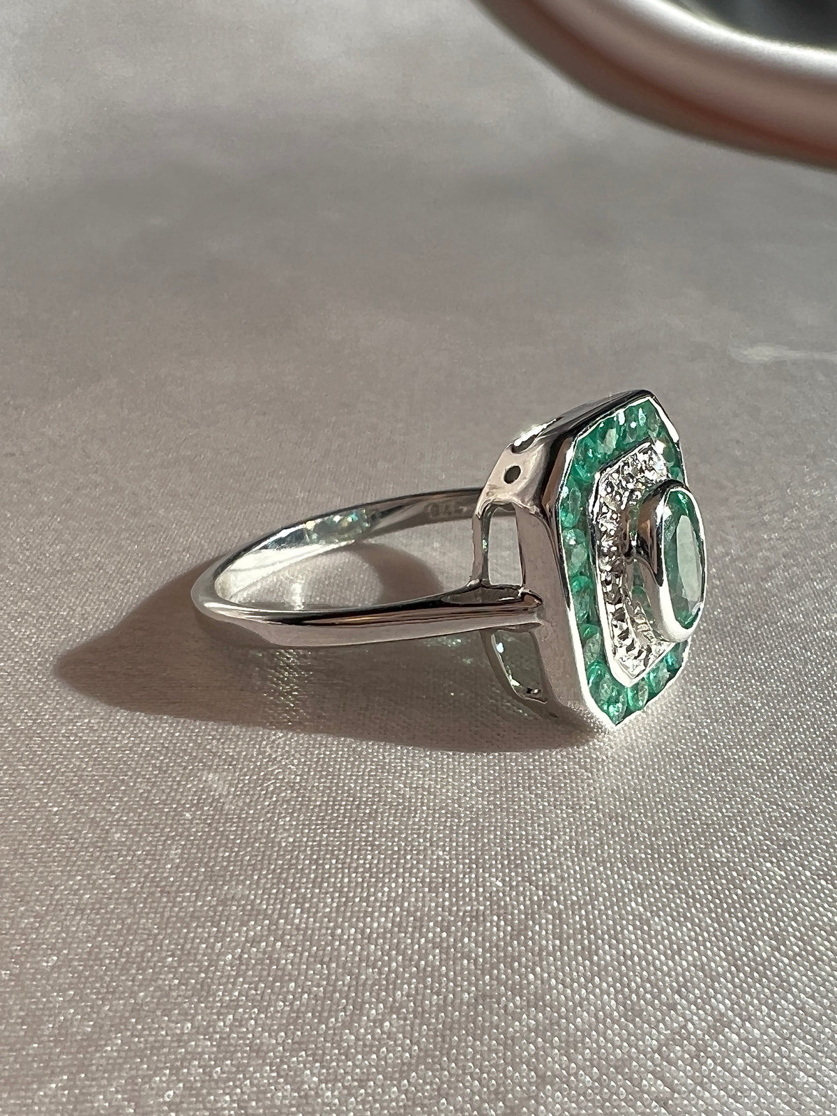 Emerald Diamond White Gold Target Deco Ring