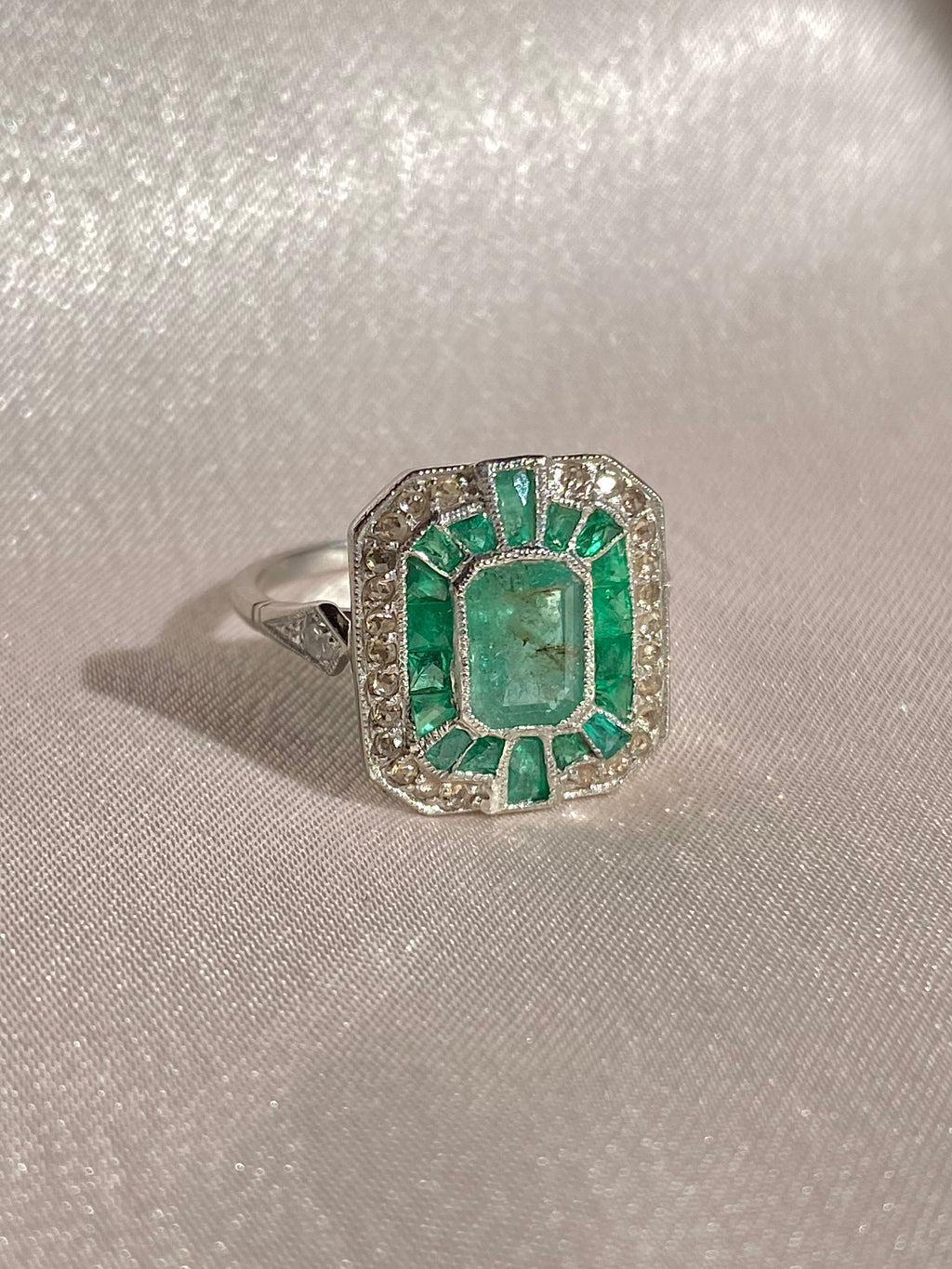 Platinum Emerald Rose Cut Diamond Ring