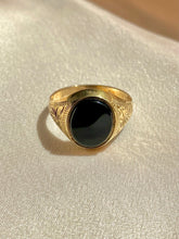Load image into Gallery viewer, Vintage 9k Onyx Signet Filigree Ring 1989

