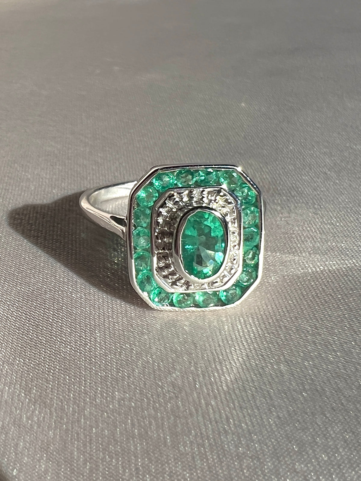 Emerald Diamond White Gold Target Deco Ring