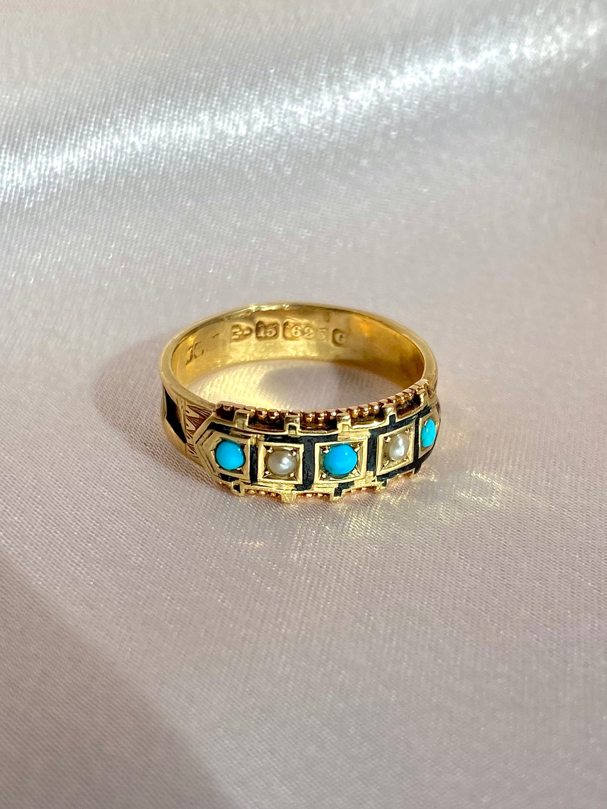 Antique 15k Turquoise Pearl Enamel Ring 1890