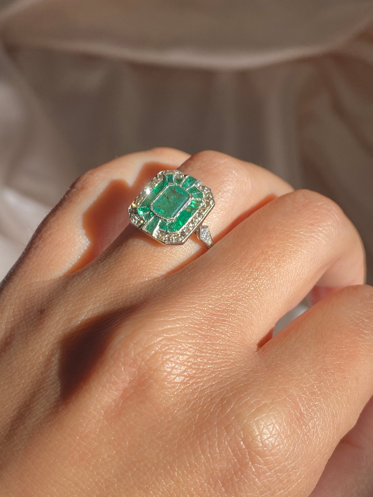 Platinum Emerald Rose Cut Diamond Ring