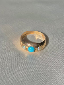 Antique 9k Rose Gold Turquoise Pearl Gypsy Ring 1902
