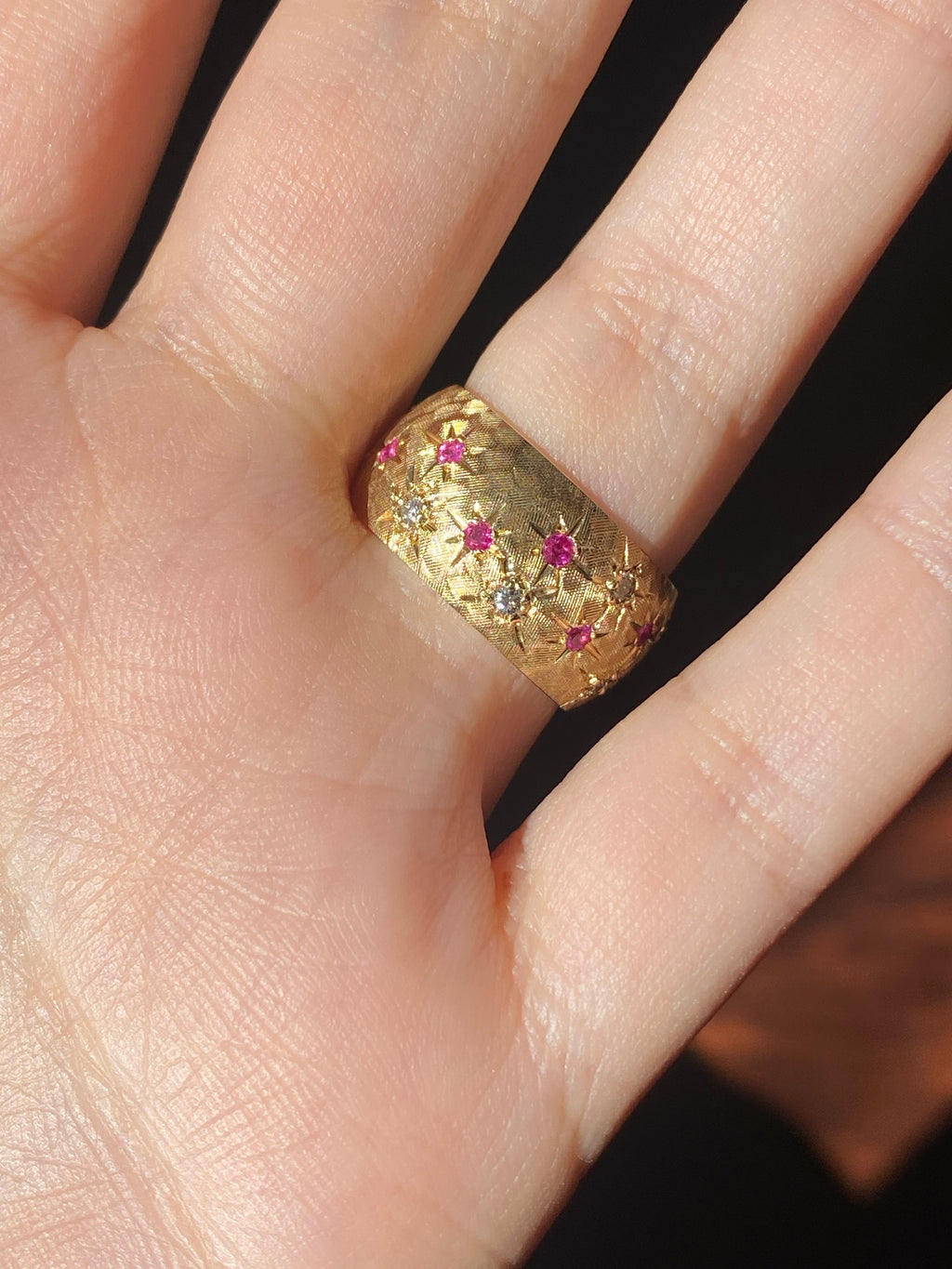 Vintage 14k Ruby Diamond Starburst Eternity Cigar Band