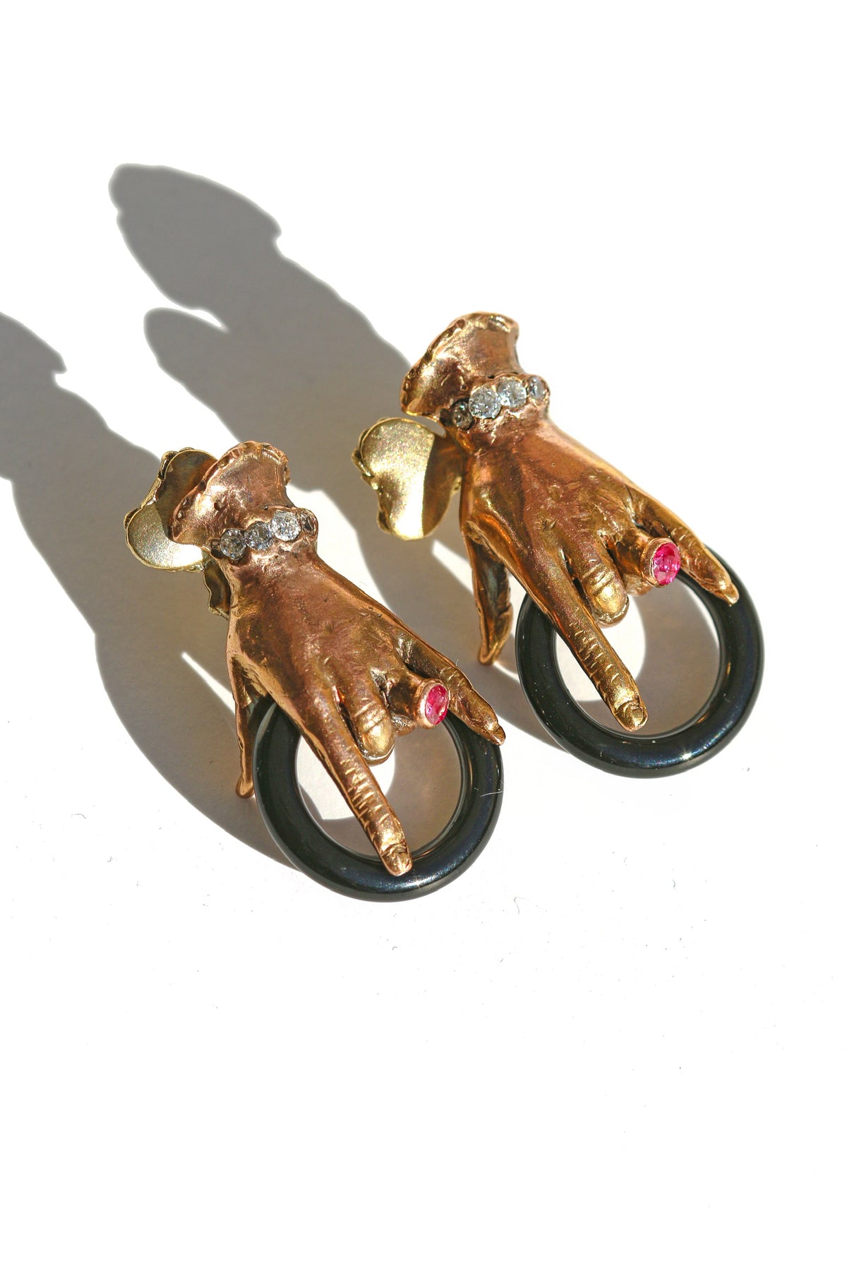 Vintage 10k Diamond Ruby Onyx Mano Earrings