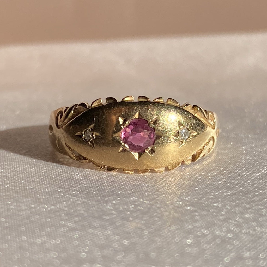 Vintage 9k Gold Ruby and Diamond Starburst Gypsy Ring