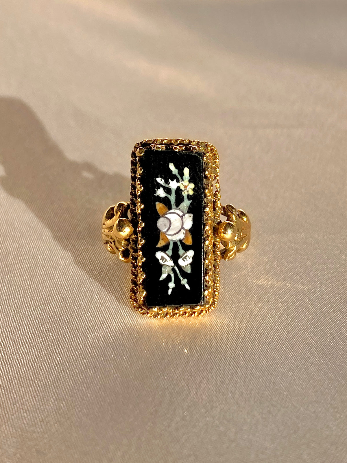 Antique 14k Onyx Enamel Floral Slab Ring