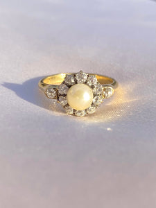Antique 18k Deco Diamond Pearl Cluster Engagement Ring